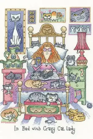Top Pick In Bed With Crazy Cat Lady Cross Stitch Kit by Heritage Crafts