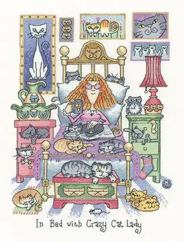 Top Pick In Bed With Crazy Cat Lady Cross Stitch Kit by Heritage Crafts