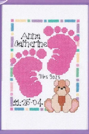 Super Sale Baby Footprints Birth Sampler Cross Stitch Kit by Janlynn
