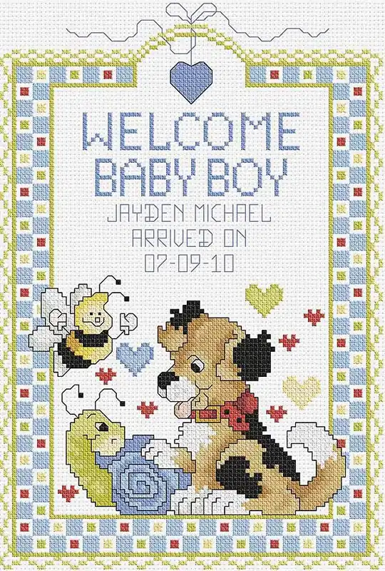 Welcome Baby Boy Birth Sampler Cross Stitch Kit by Janlynn Instant Buy