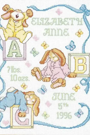Sleepy Bunnies Birth Sampler Cross Stitch Kit by Janlynn Holiday Sale