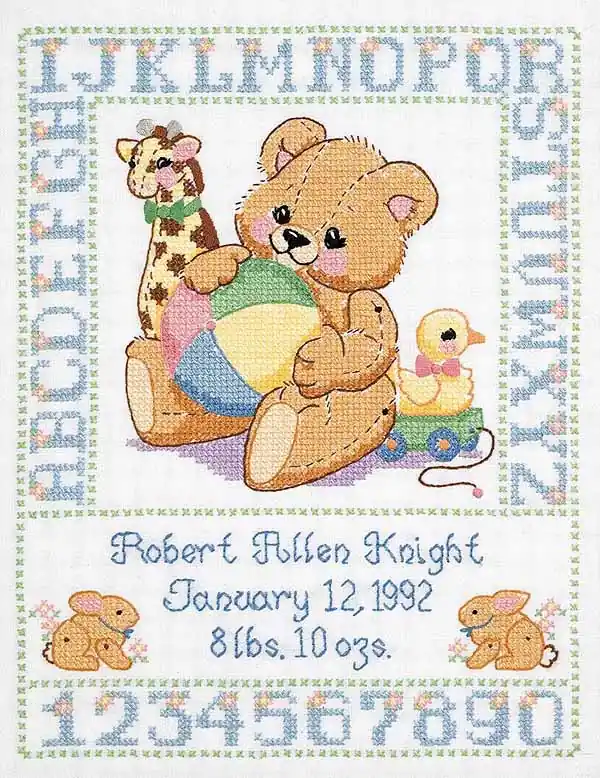 Baby Bears Birth Sampler Printed Cross Stitch Kit by Janlynn Fast Shipping