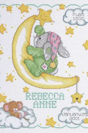 Handmade Crescent Moon Birth Sampler Cross Stitch Kit by Janlynn