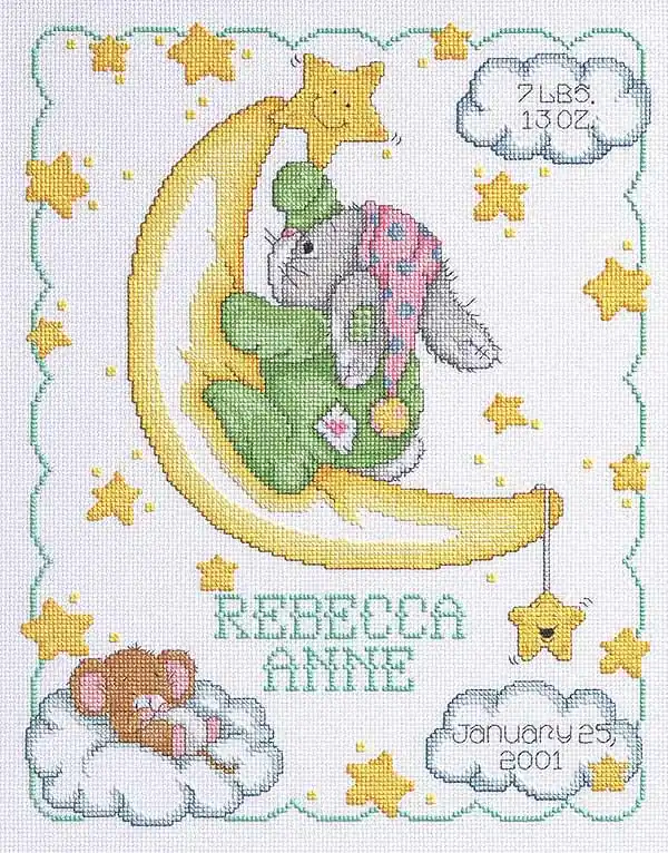 Handmade Crescent Moon Birth Sampler Cross Stitch Kit by Janlynn