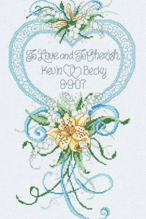 Cherish Wedding Heart Wedding Sampler Cross Stitch Kit by Janlynn Clearance