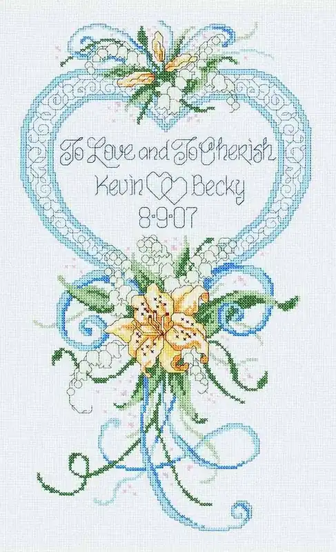 Cherish Wedding Heart Wedding Sampler Cross Stitch Kit by Janlynn Clearance