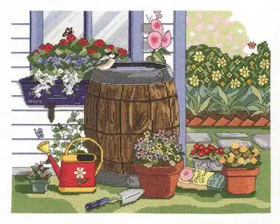 Rain Barrel and Window Box Cross Stitch Kit by Janlynn Seasonal Sale