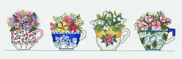 Row of Teacups Cross Stitch Kit by Janlynn Instant Buy