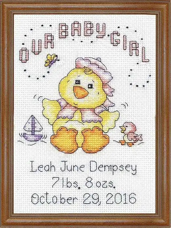 Reduced Price Girl Chick Birth Sampler Cross Stitch Kit by Design Works