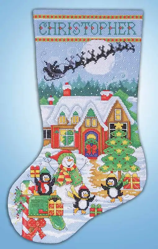 Big Sale Penguin Party Christmas Stocking Cross Stitch Kit by Design Works