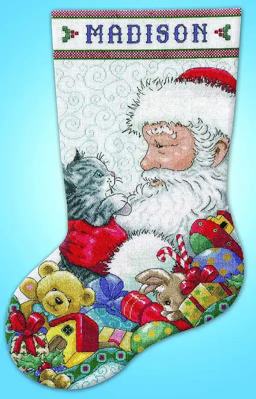 Express Delivery Santa with Kitten Christmas Stocking Cross Stitch Kit by Design Works