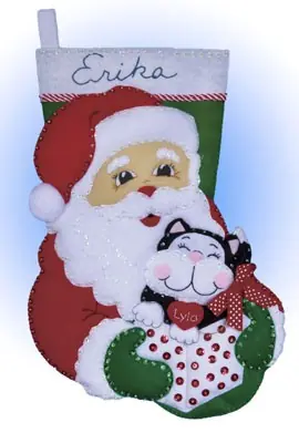 Santa and Kitten Christmas Stocking Felt Applique Kit by Design Works Direct From Manufacturer