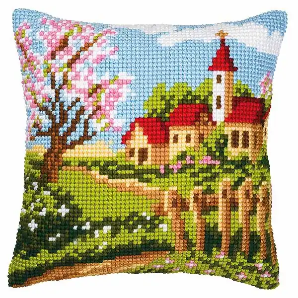 Price Cut Country Church Printed Cross Stitch Cushion Kit by Vervaco