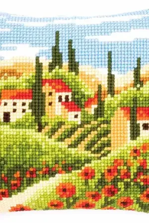 Warranty Included Village Printed Cross Stitch Cushion Kit by Vervaco