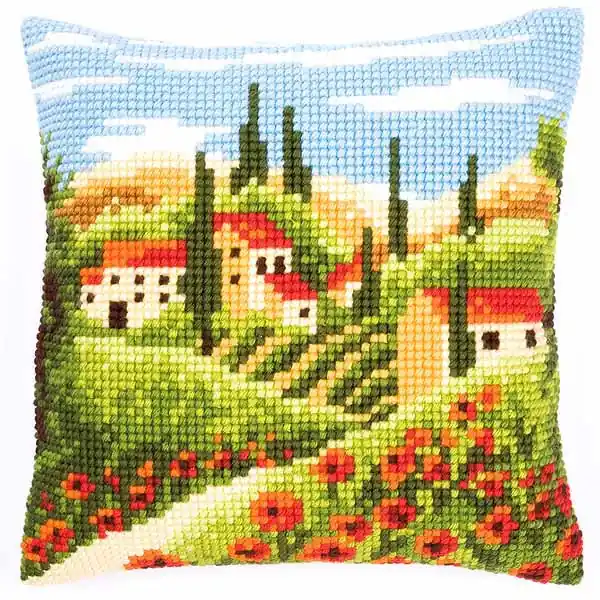 Warranty Included Village Printed Cross Stitch Cushion Kit by Vervaco