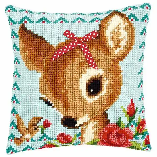 Luxury Bambi with Bow Printed Cross Stitch Cushion Kit by Vervaco