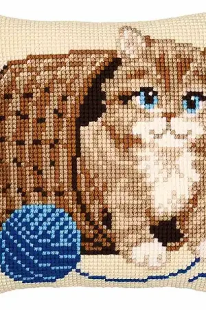 Buy Direct Kitten and Wool Printed Cross Stitch Cushion Kit by Vervaco