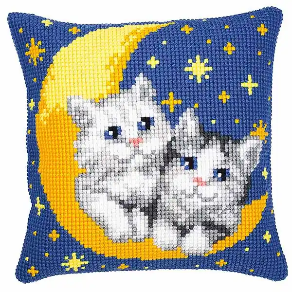 Grab Now Moon and Kittens Printed Cross Stitch Cushion Kit by Vervaco
