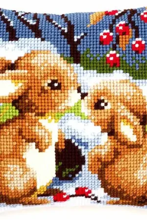 Save Now Snow Rabbits Printed Cross Stitch Cushion Kit by Vervaco