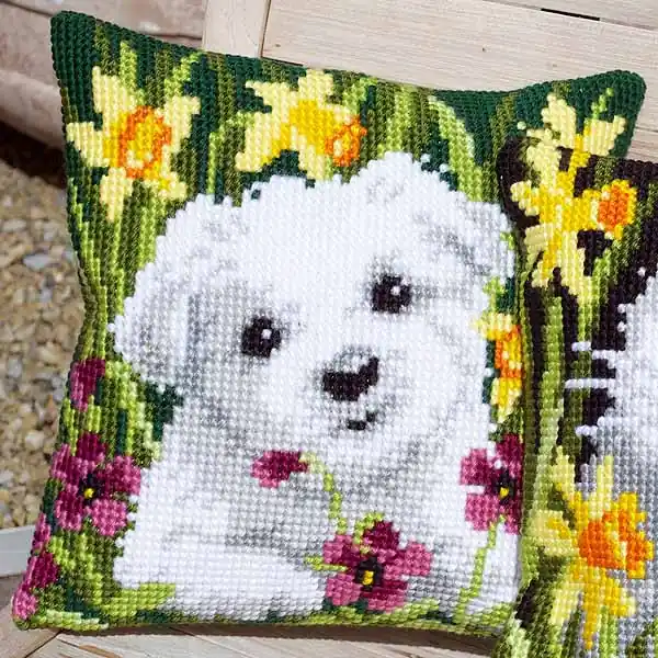 Westie in Daffodils Printed Cross Stitch Cushion Kit by Vervaco Low Price