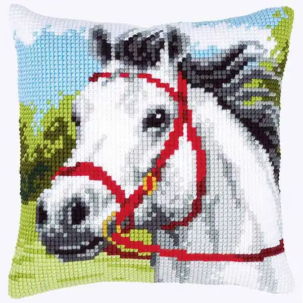 One Day Deal White Horse Printed Cross Stitch Cushion Kit by Vervaco