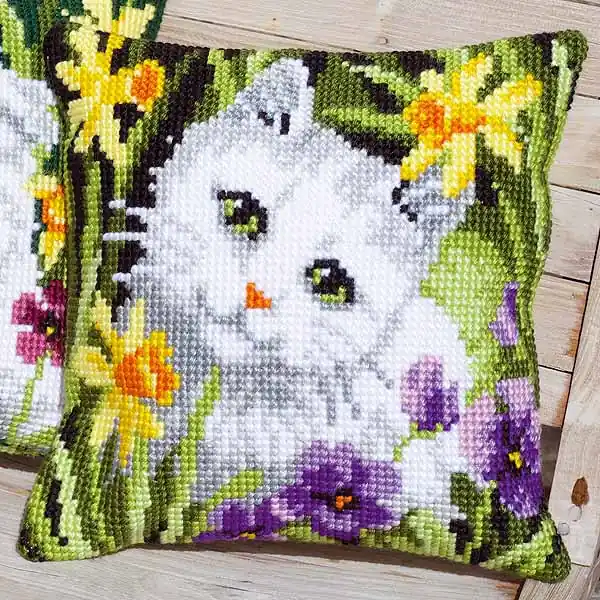 Flash Sale White Cat in Daffodils Printed Cross Stitch Cushion Kit by Vervaco