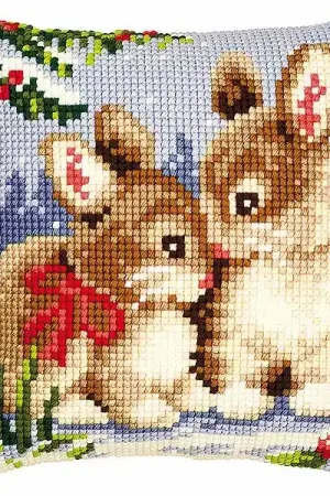 Winter Rabbits Printed Cross Stitch Cushion Kit by Vervaco Exclusive Offer