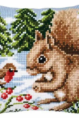 Winter Squirrel Printed Cross Stitch Cushion Kit by Vervaco Limited Edition