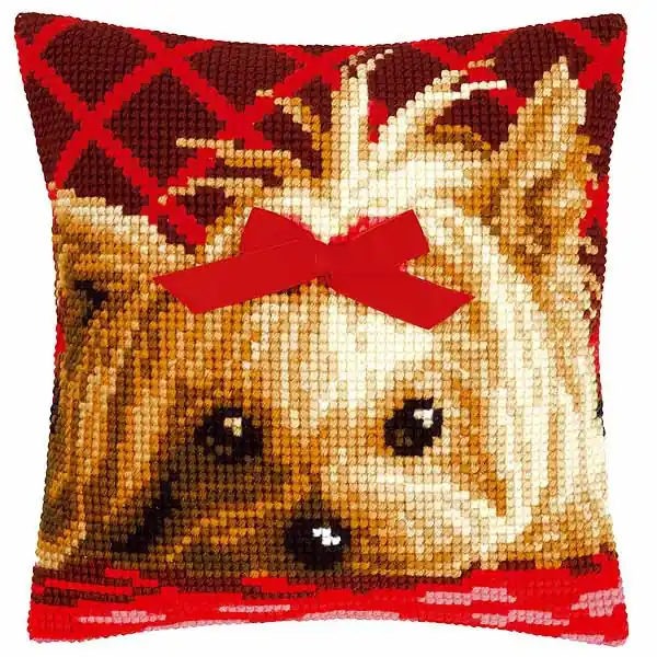 Holiday Sale Yorkshire Terrier with Bow Printed Cross Stitch Cushion Kit by Vervaco