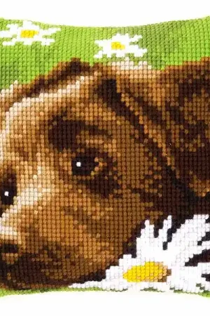 Reduced Price Chocolate Labrador Printed Cross Stitch Cushion Kit by Vervaco