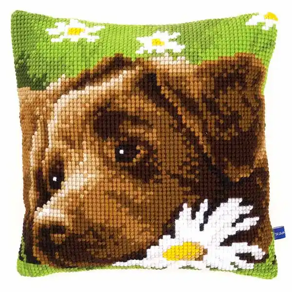 Reduced Price Chocolate Labrador Printed Cross Stitch Cushion Kit by Vervaco