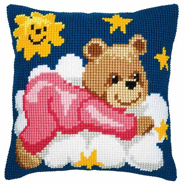 Flash Sale Pink Teddy Printed Cross Stitch Cushion Kit by Vervaco