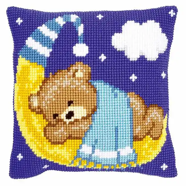 Place Order Blue Teddy on the Moon Printed Cross Stitch Cushion Kit by Vervaco