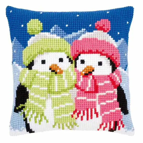 Penguins with Scarf Printed Cross Stitch Cushion Kit by Vervaco Top Pick