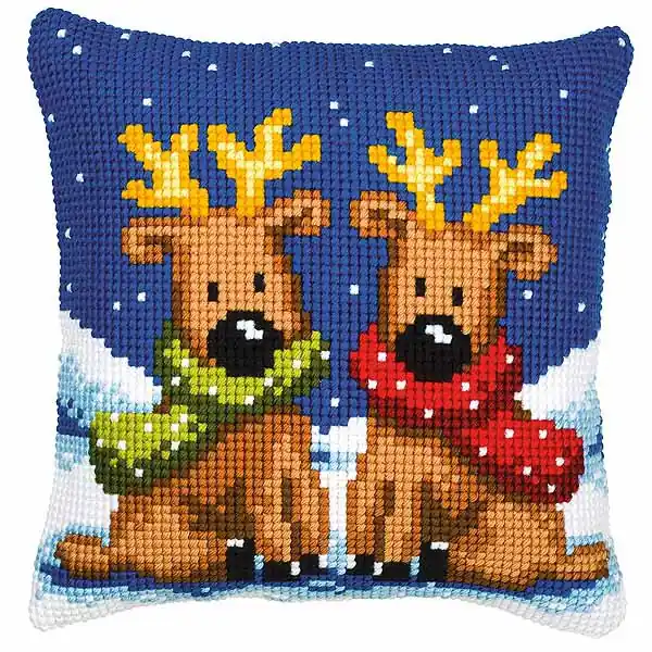Direct From Factory Reindeer Twins Printed Cross Stitch Cushion Kit by Vervaco