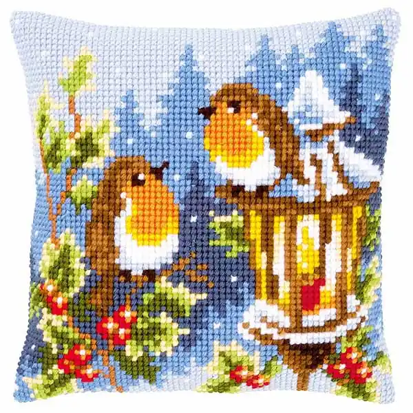 Popular Robins at the Lantern Printed Cross Stitch Cushion Kit by Vervaco