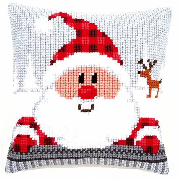 Hot Picks Santa in a Plaid Hat Printed Cross Stitch Cushion Kit by Vervaco
