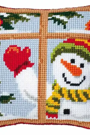Waving Snowman Printed Cross Stitch Cushion Kit by Vervaco Instant Buy