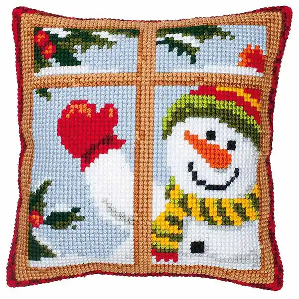 Waving Snowman Printed Cross Stitch Cushion Kit by Vervaco Instant Buy