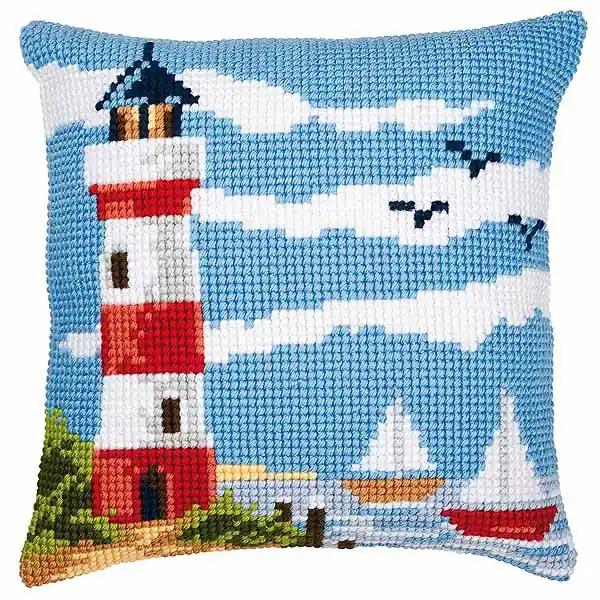 Modern Lighthouse Scene Printed Cross Stitch Cushion Kit by Vervaco