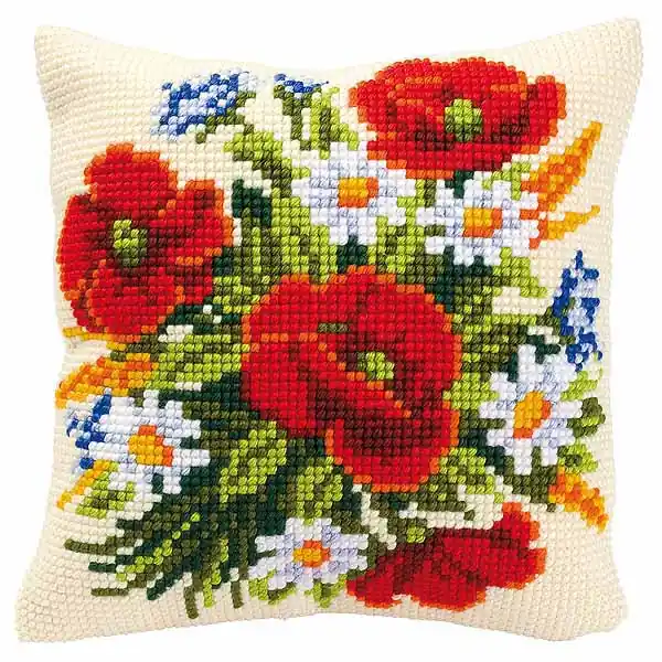 Poppies and Daisies Printed Cross Stitch Cushion Kit by Vervaco Authentic