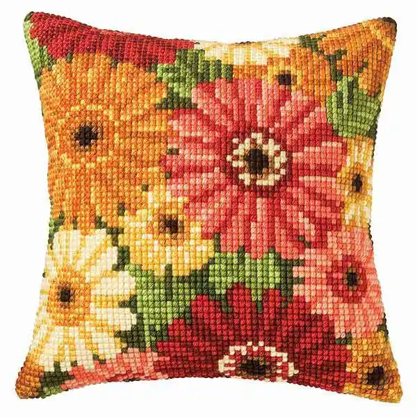 Gerbera Printed Cross Stitch Cushion Kit by Vervaco Certified