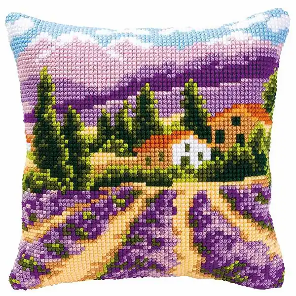 Next Day Delivery Lavender Fields Printed Cross Stitch Cushion Kit by Vervaco