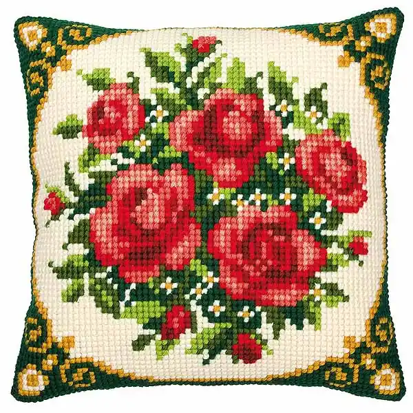 Free Returns Pale Red Roses Printed Cross Stitch Cushion Kit by Vervaco