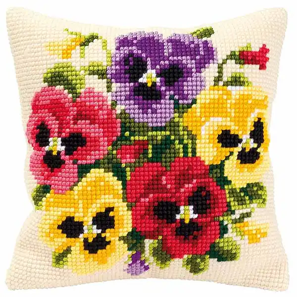 Warranty Included Pansy Posy Printed Cross Stitch Cushion Kit by Vervaco