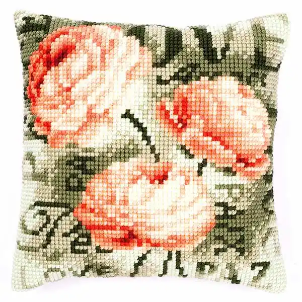 Peonies Printed Cross Stitch Cushion Kit by Vervaco Original