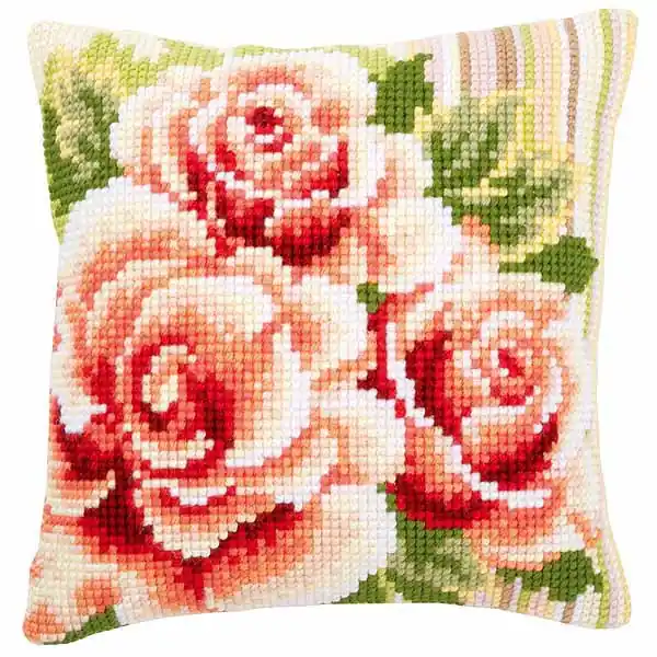 Hot Deal Pale Pink Roses Printed Cross Stitch Cushion Kit by Vervaco