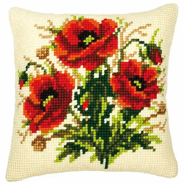 Poppies Printed Cross Stitch Cushion Kit by Vervaco Worldwide Shipping