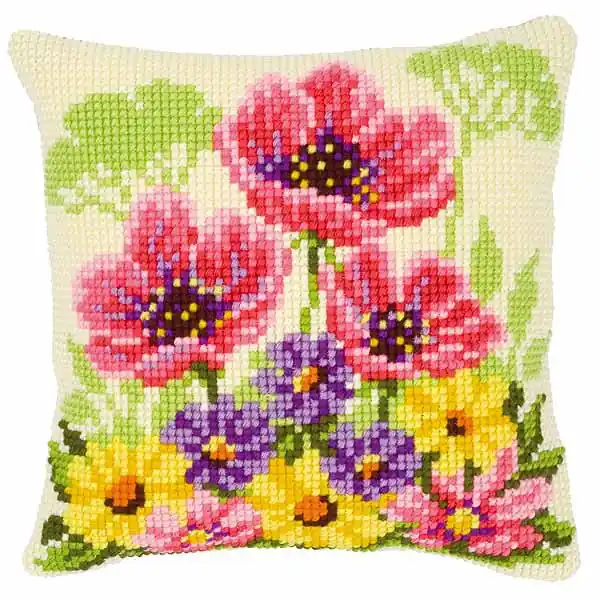 Pink Poppies Printed Cross Stitch Cushion Kit by Vervaco Price Cut