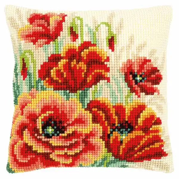 Poppies Printed Cross Stitch Cushion Kit by Vervaco Fresh Stock